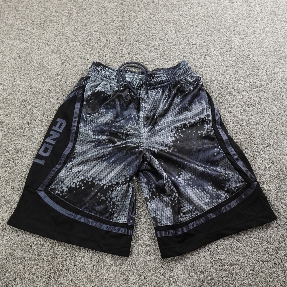 VTG And1‎ Shorts Mens S Black Gray Geometric Drawstring Basketball Gym Baggy Y2K